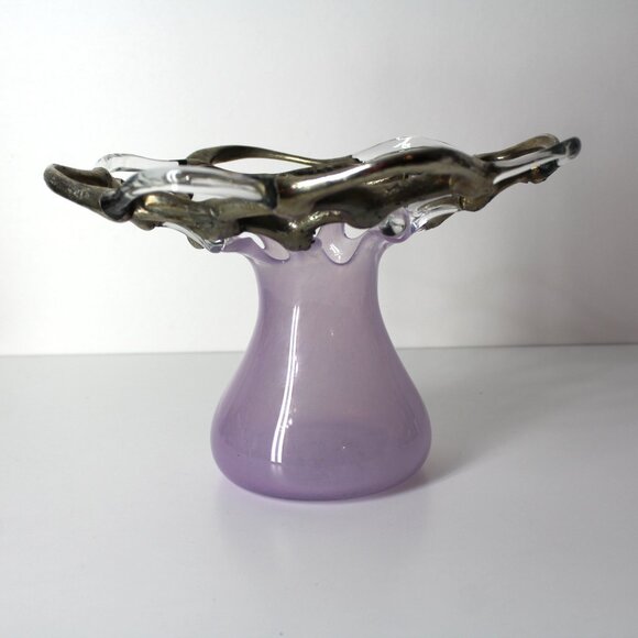 M Duca Hand Blown Mid-Century Glass Lattice Web Vase Gold Lavender Signed - Picture 6 of 16